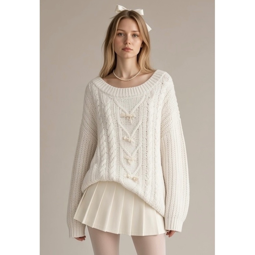 NEW Winter White Cable Knit Bow Coquette Sweater Oversized Small Balletcore